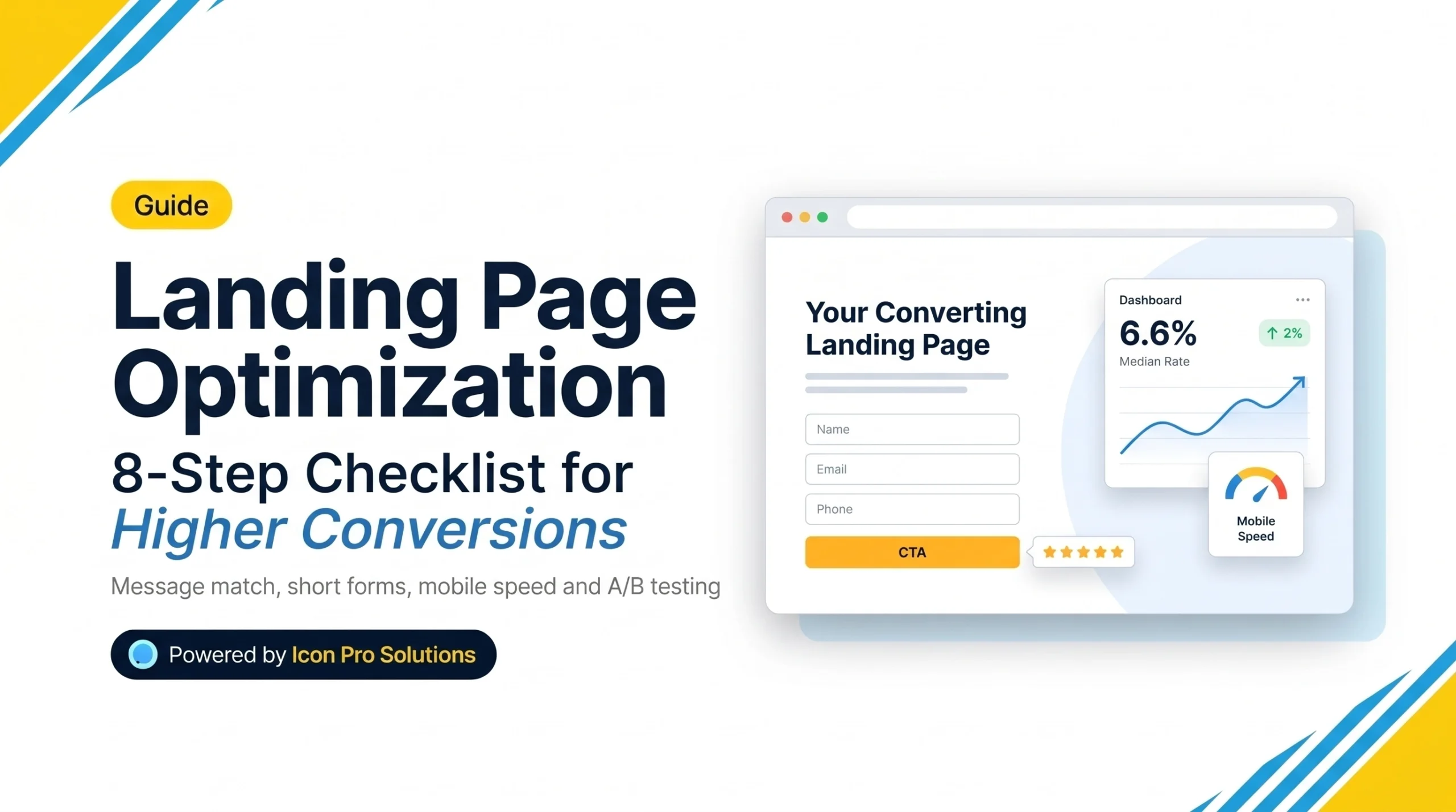 Landing Page Optimization 8-Step Checklist guide banner by Icon Pro Solutions showing a single-column form, CTA button with review proof, and 6.6% median conversion rate chart.
